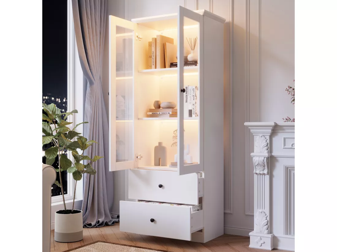 Vitrine avec 2 portes et 2 tiroirs - 60 x 36 x 165 cm - LEDs - Etagères réglables - Panneau de particules + MDF - Blanc