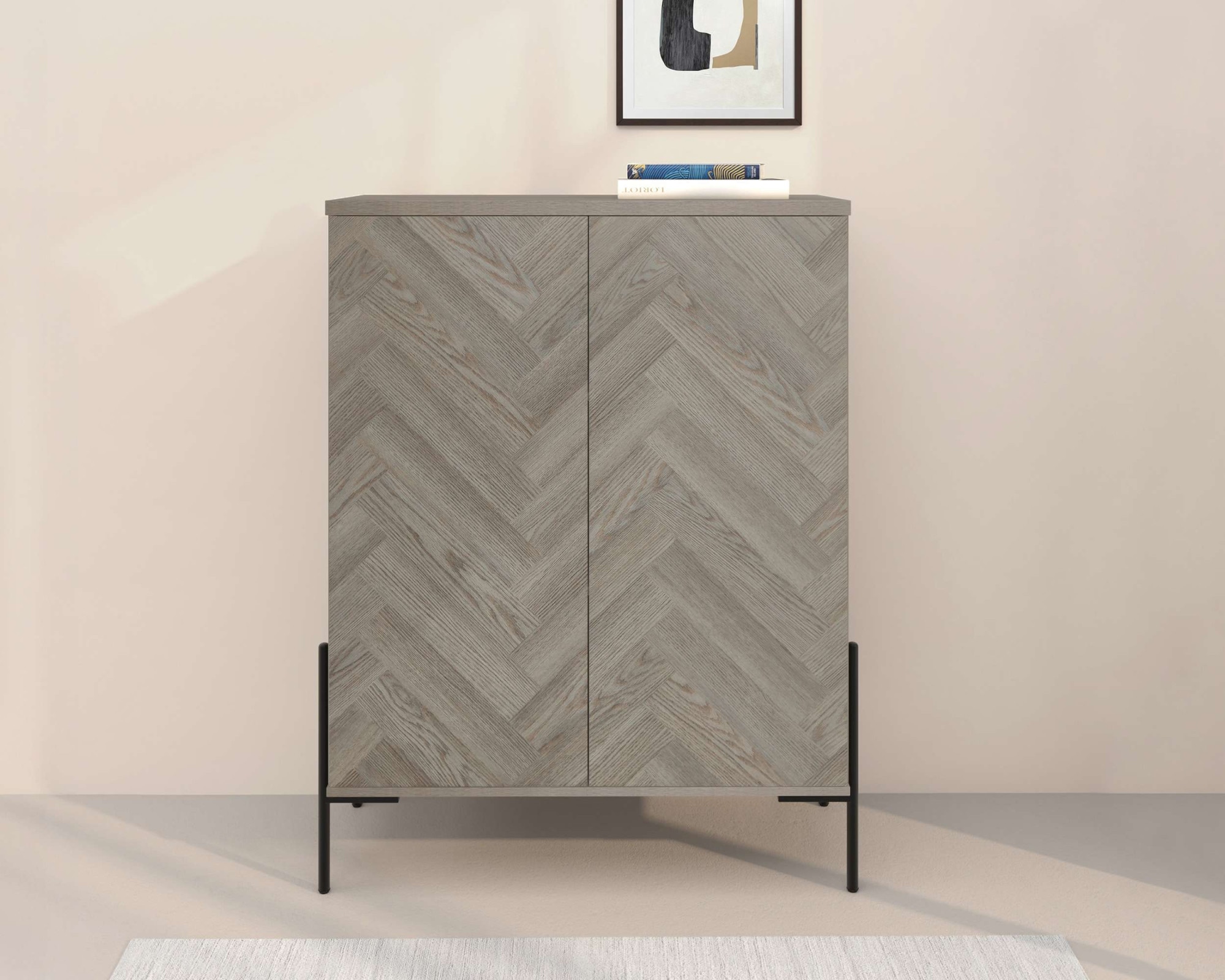 Leonique Highboard »Eadwine« Kommode, Midischrank, Push-to-open, Türen mit Fischgräten Muster
