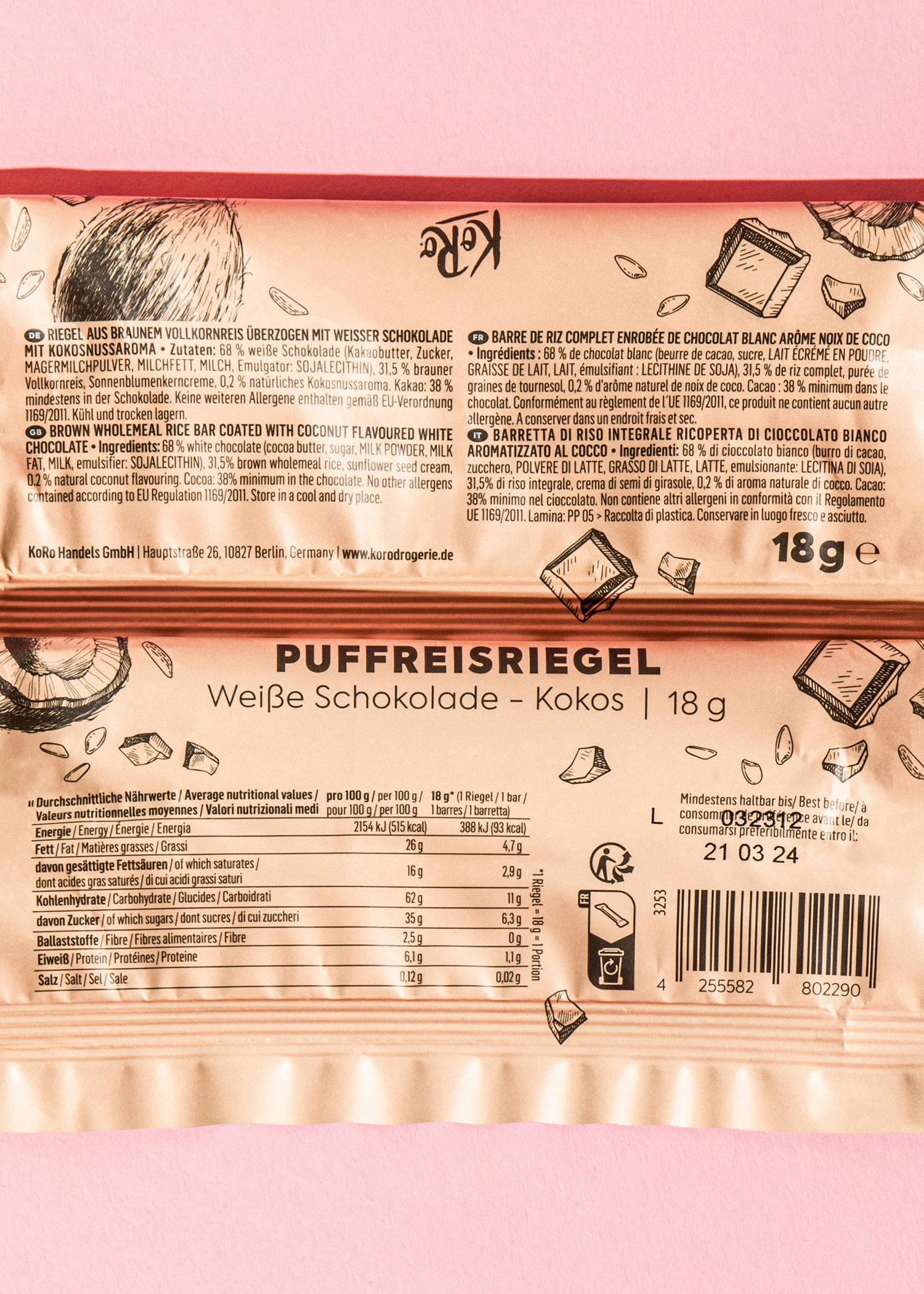 Puffreisriegel in weißer Schokolade mit Kokos 18 g