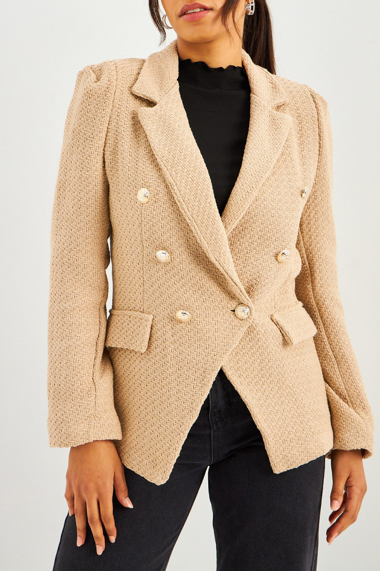 Blazer beige aspect tweed boutons perles