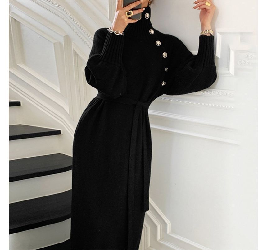 Yupina - Effen coltrui-midi-jurk met sashed-hals