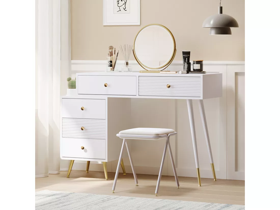 Coiffeuse avec miroir et 5 tiroirs - 100 x 40 x 78 cm - Panneau de particules - LEDs - Blanc (sans tabouret)