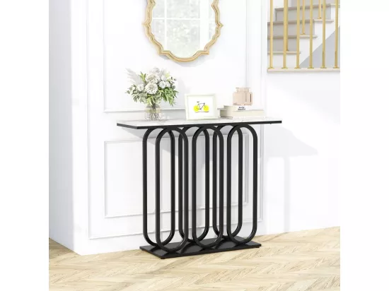 Table console, en faux marbre, design ovale moderne, cadre en métal noir 100 x 30 x 80 cm