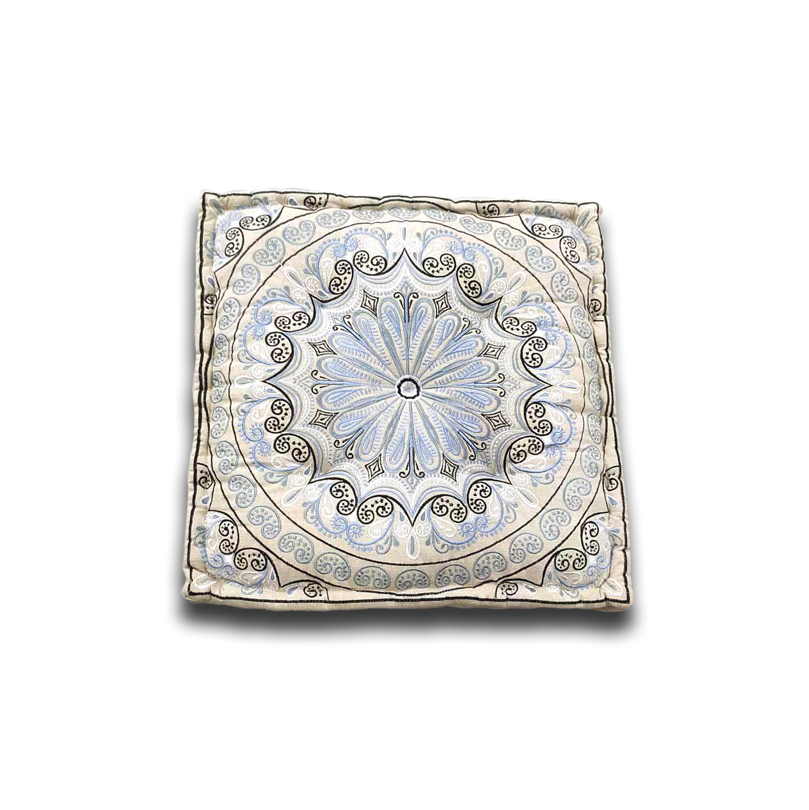 Besticktes Sitzkissen, beige, blau-weiß, B 60 cm, L 60 cm, H 10 cm von fischer's lagerhaus