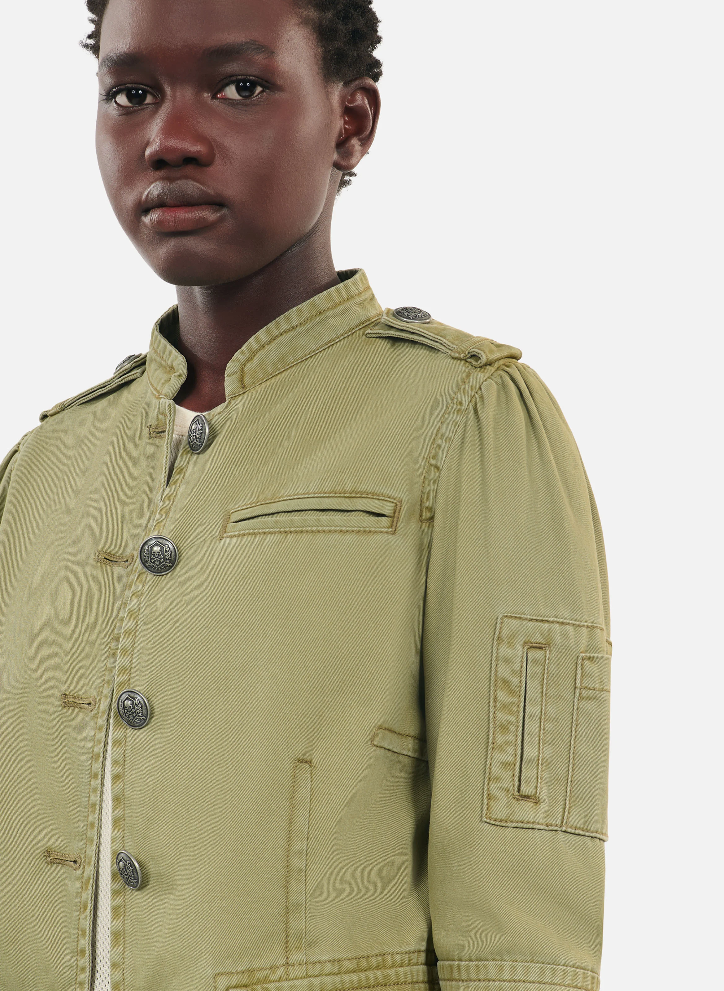 Blouson droit col officier en coton | Vert