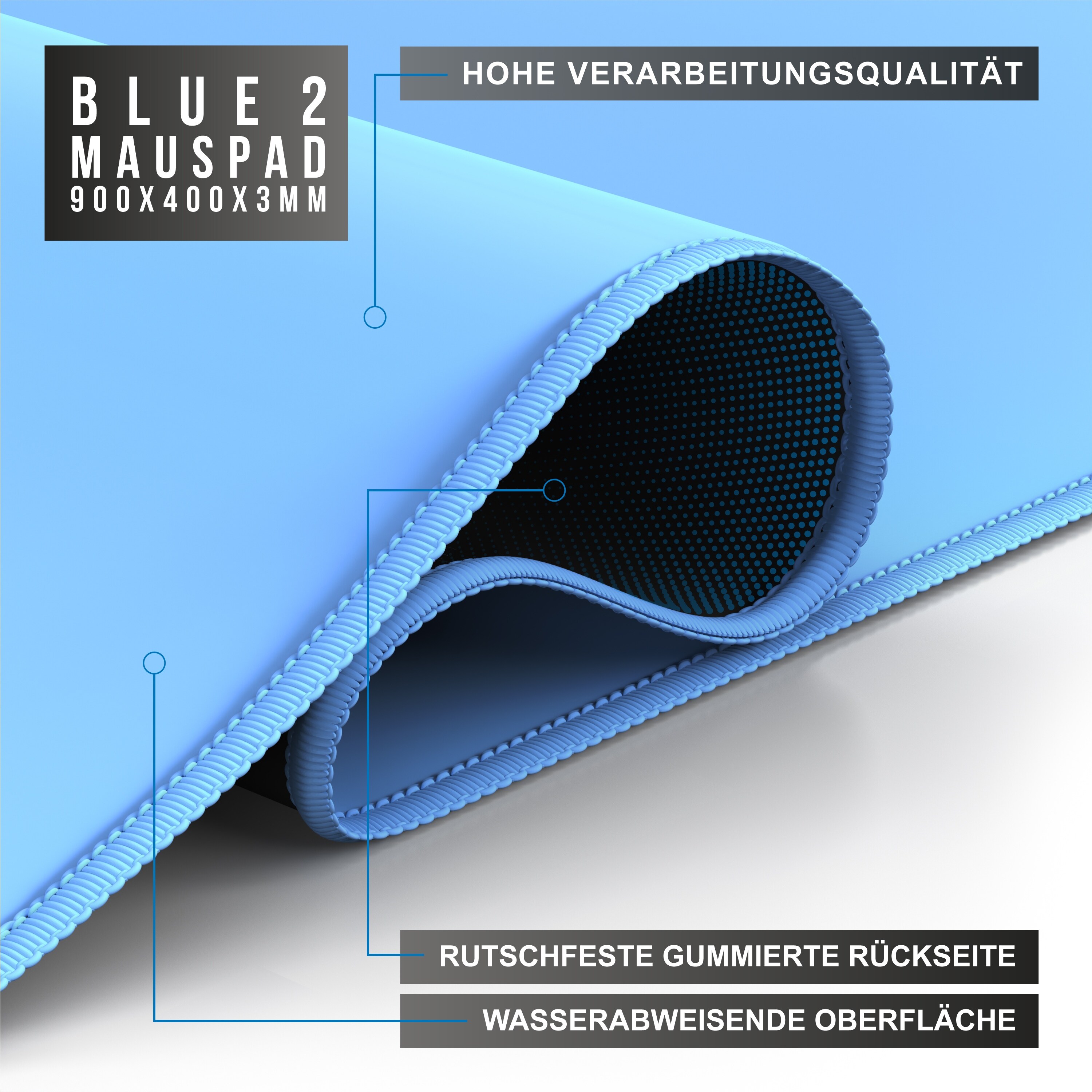 CSL Gaming Mauspad, XXL, 900 x 400 x 3 mm, Schreibtischunterlage, extralarge, waschbar, hellblau