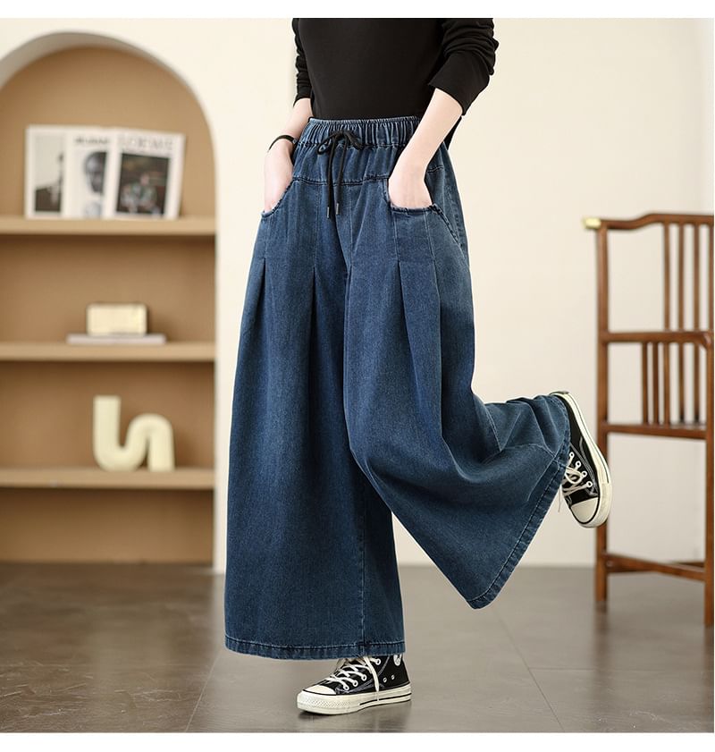 Lewwe - Gewassen denim culottes met trekkoordtaille