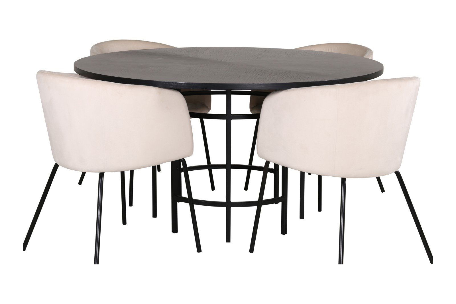 Copenhagen og Berit Spisegruppe Copenhagen rundt spisebord Ø140 cm i sort med 4stk. Berit med arm spisestoler i Beige fløyel og sorte ben.