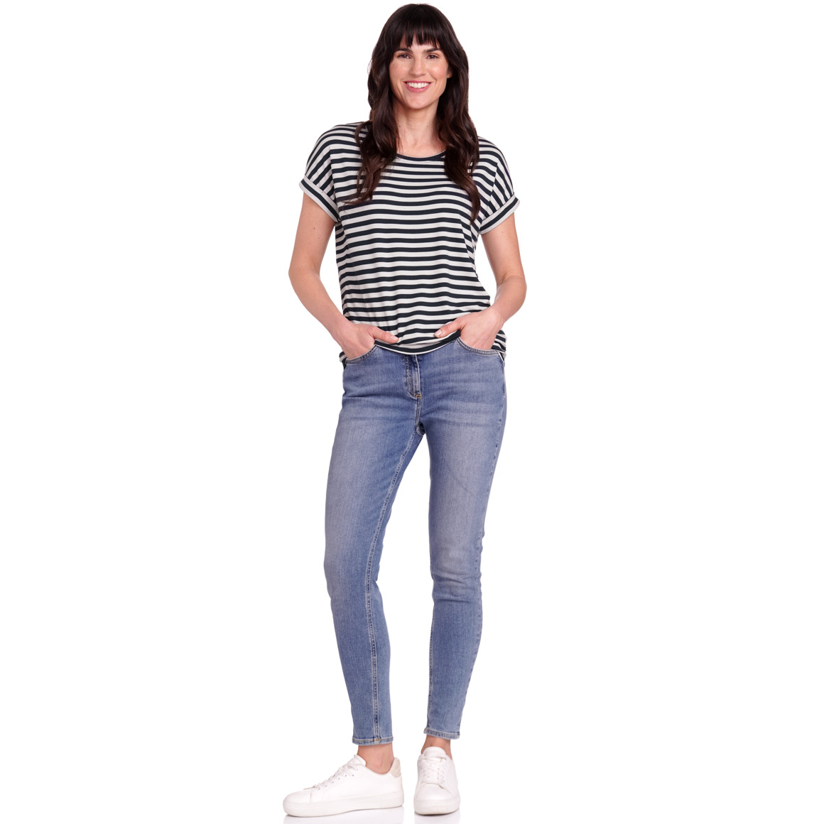 Gina Benotti Damen T-Shirt mit fixierten Turn-ups dunkelblau / weiss