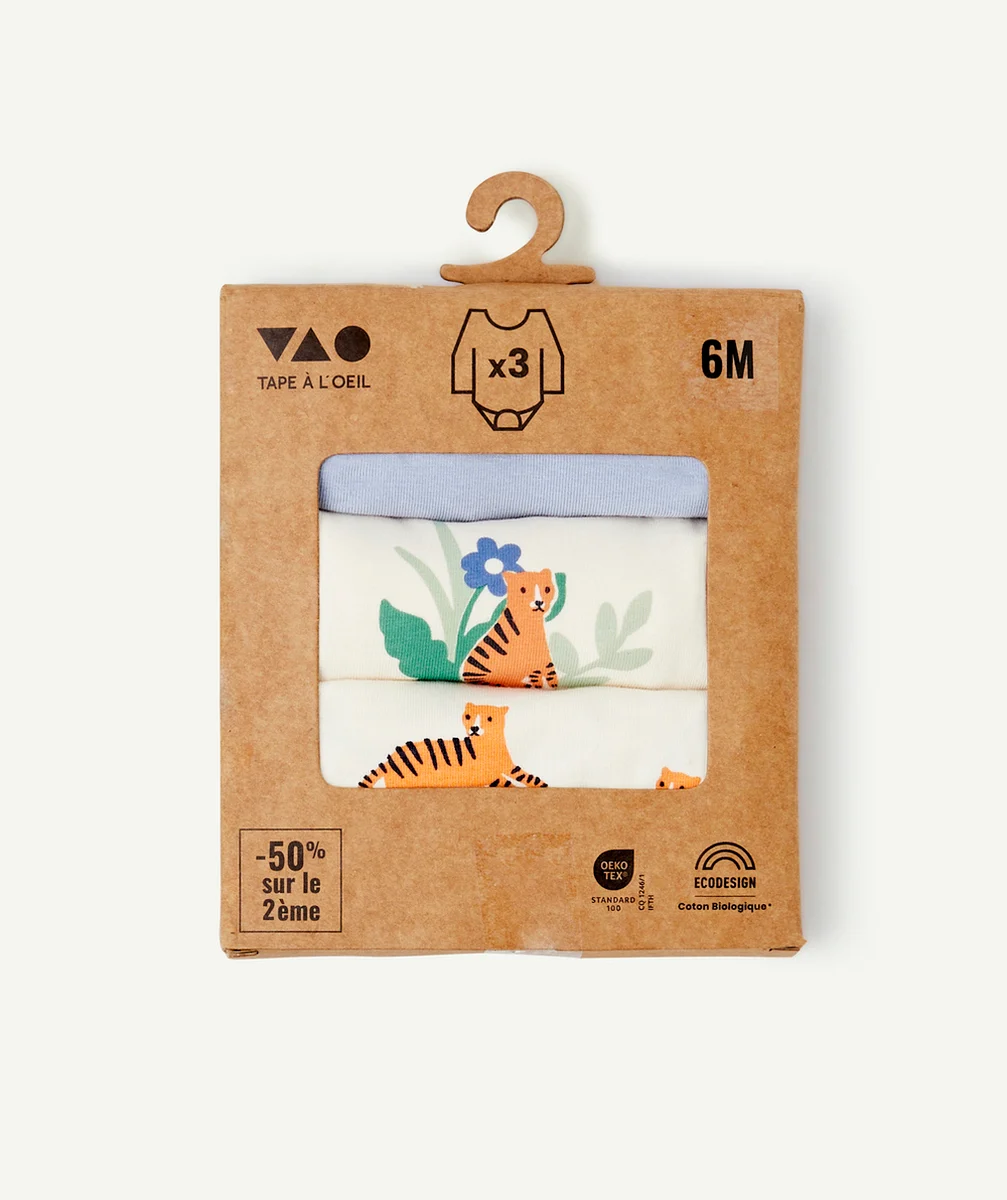 LOT DE 3 BODIES BÉBÉ GARÇON EN COTON BIO ÉCRU ET BLEU MOTIFS TIGRES