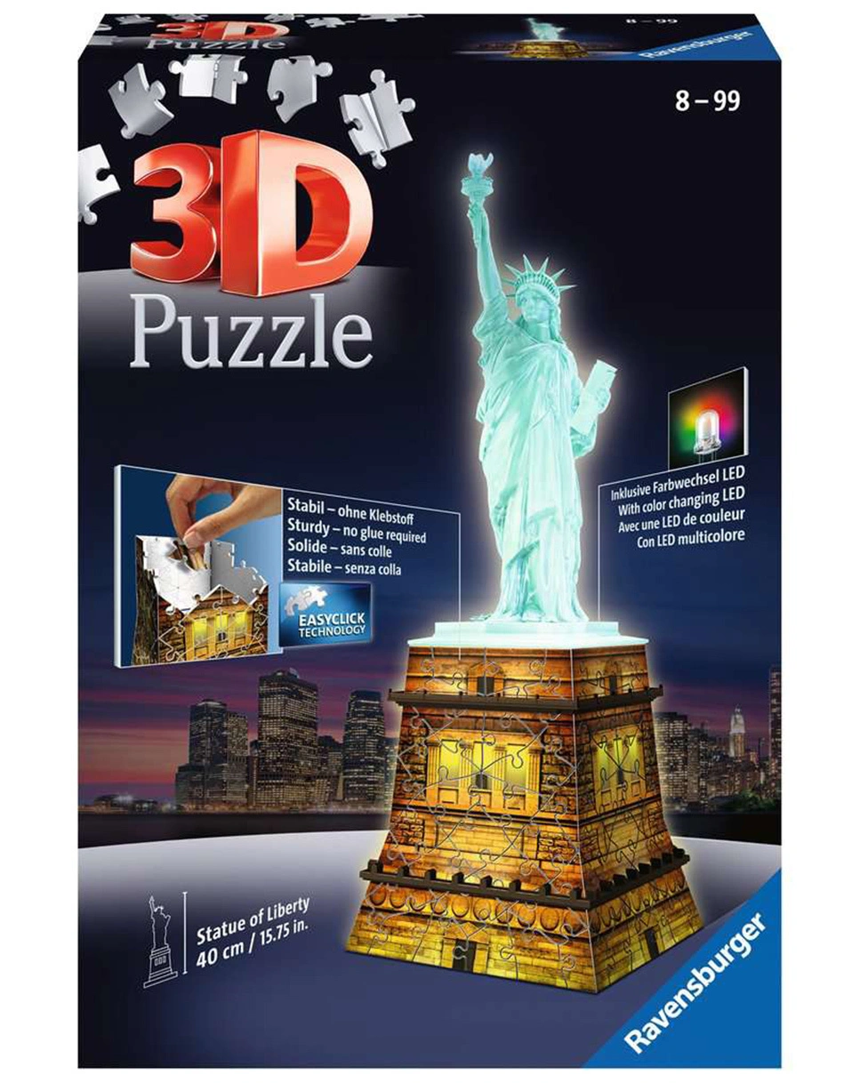 Ravensburger 3D Puzzle Freiheitsstatue bei Nacht 12596 - Das berühmte Bauwerk in New York als Night Edition mit LED