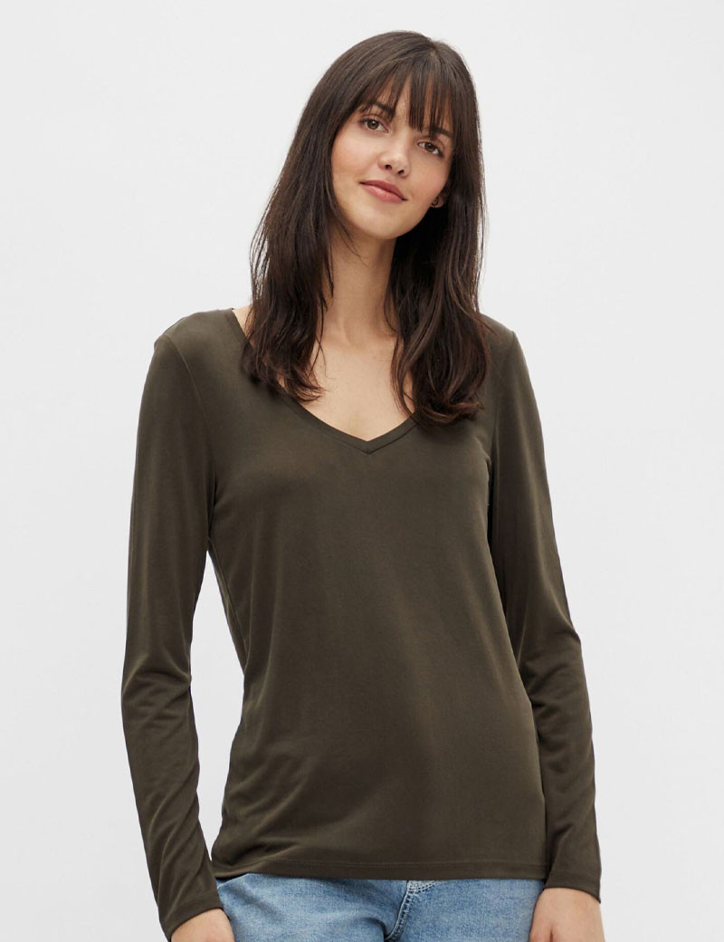 PIECES T-SHIRT BASIQUE KAMALA MANCHES LONGUES KAKI