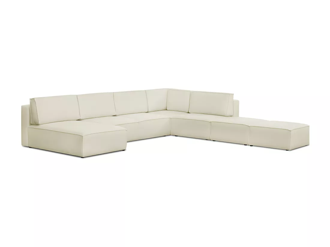 Canapé d'angle à droite panoramique convertible modulable 8 places avec 2 poufs en tissu bouclé écru - Harper Mod