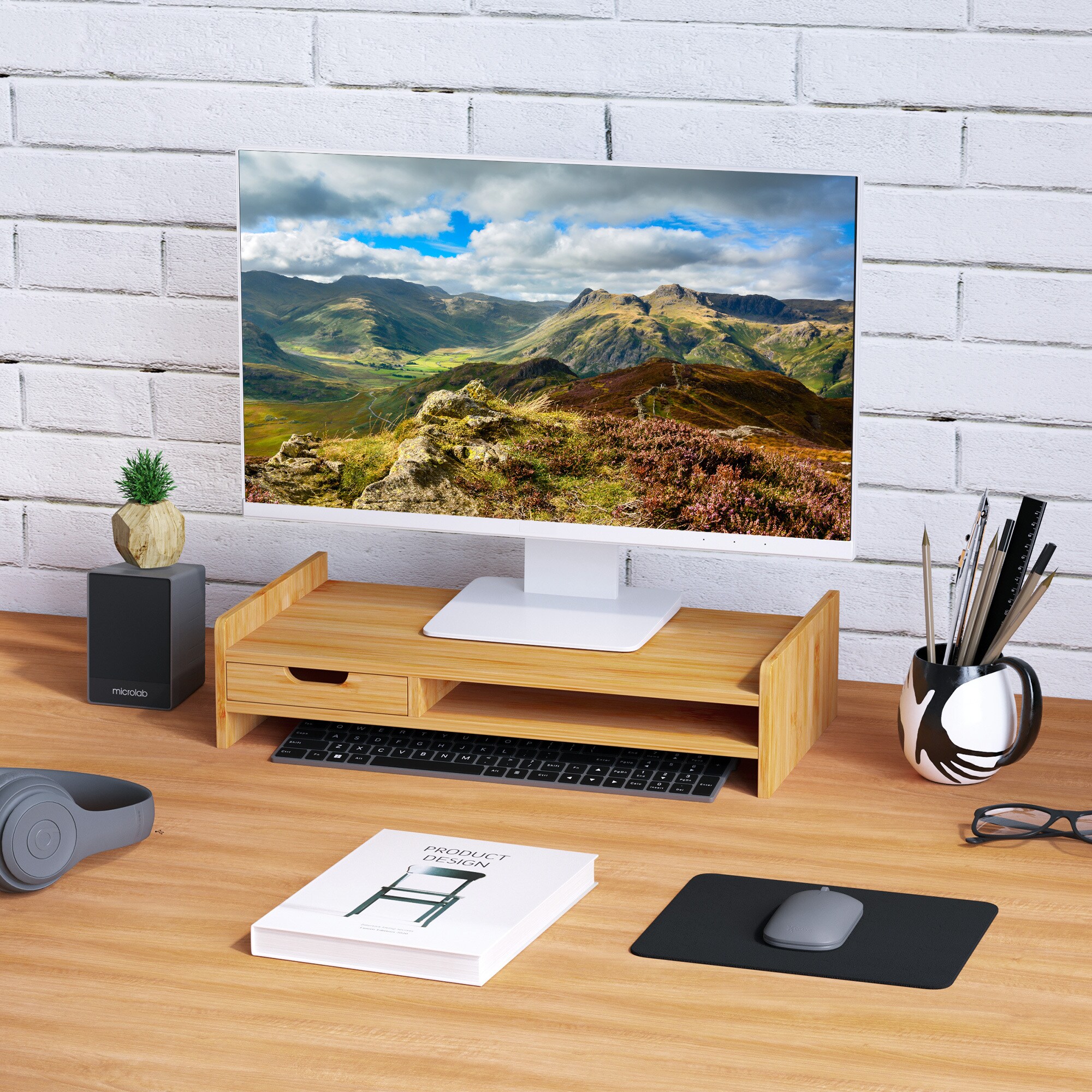 HOMCOM Monitorständer mit Schublade natur 49 x 25,5 x 11,5 cm (LxBxH)