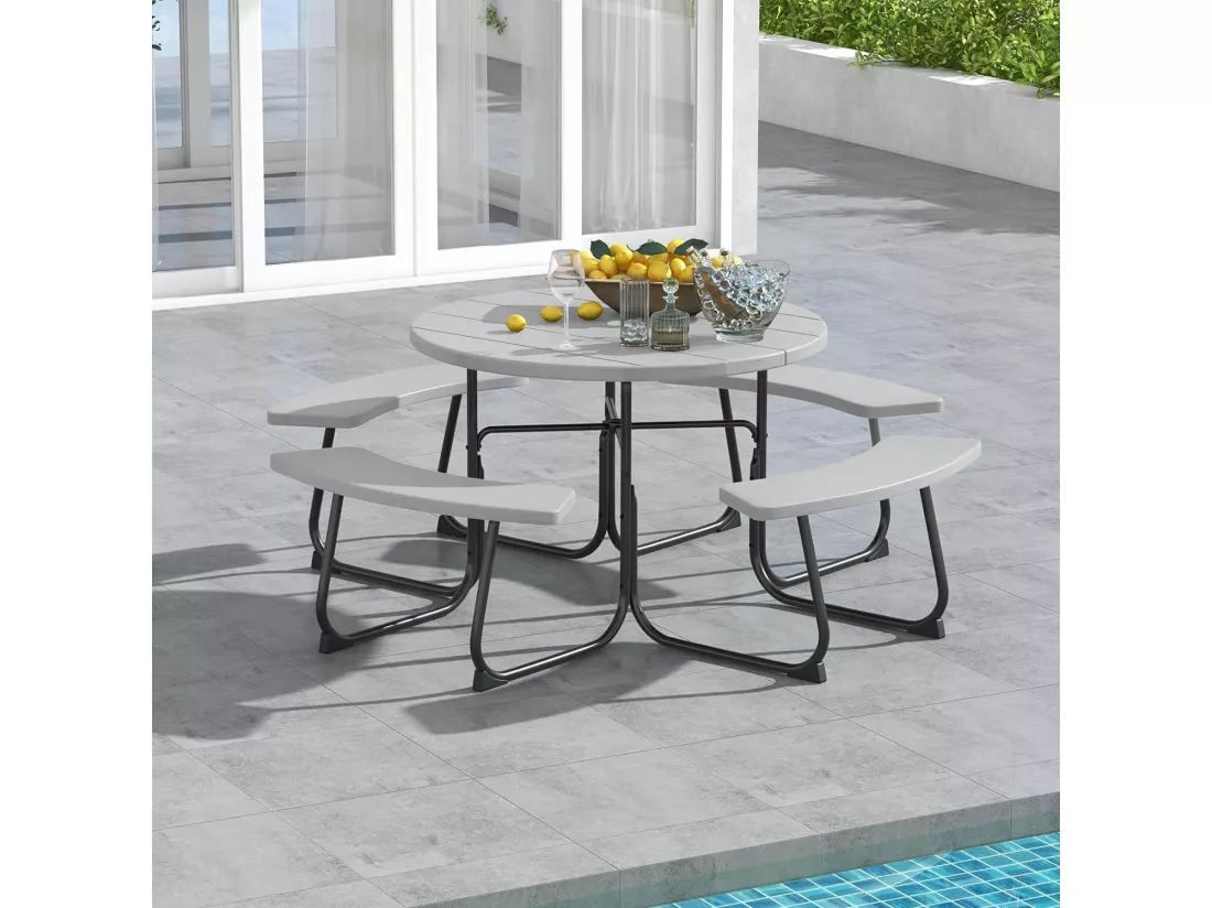 Ensemble Table de Pique-Nique avec 4 Bancs Intégrés, Ensemble de Jardin Table de Pique-Nique Circulaire 135KG Trou pour Parasol, pour Jardin Piscine, 190 x 76 cm,Gris