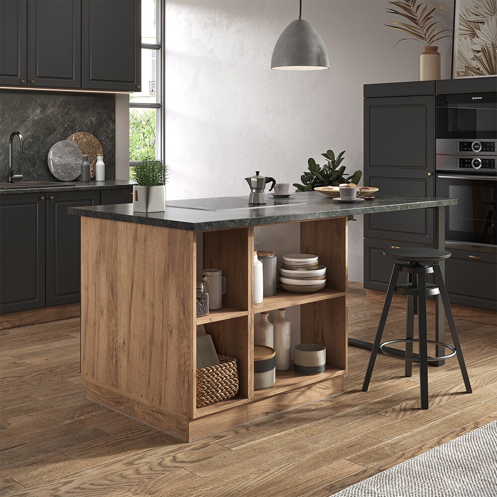 Vicco Kücheninsel Küchenblock Einbauküche Fame-Line Landhaus Eiche Anthrazit 90 cm Gold Küchen Schränke Apothekerunterschrank Schubunterschrank Regalinselunterschrank Softclose-Scharnier Küchenmöbel