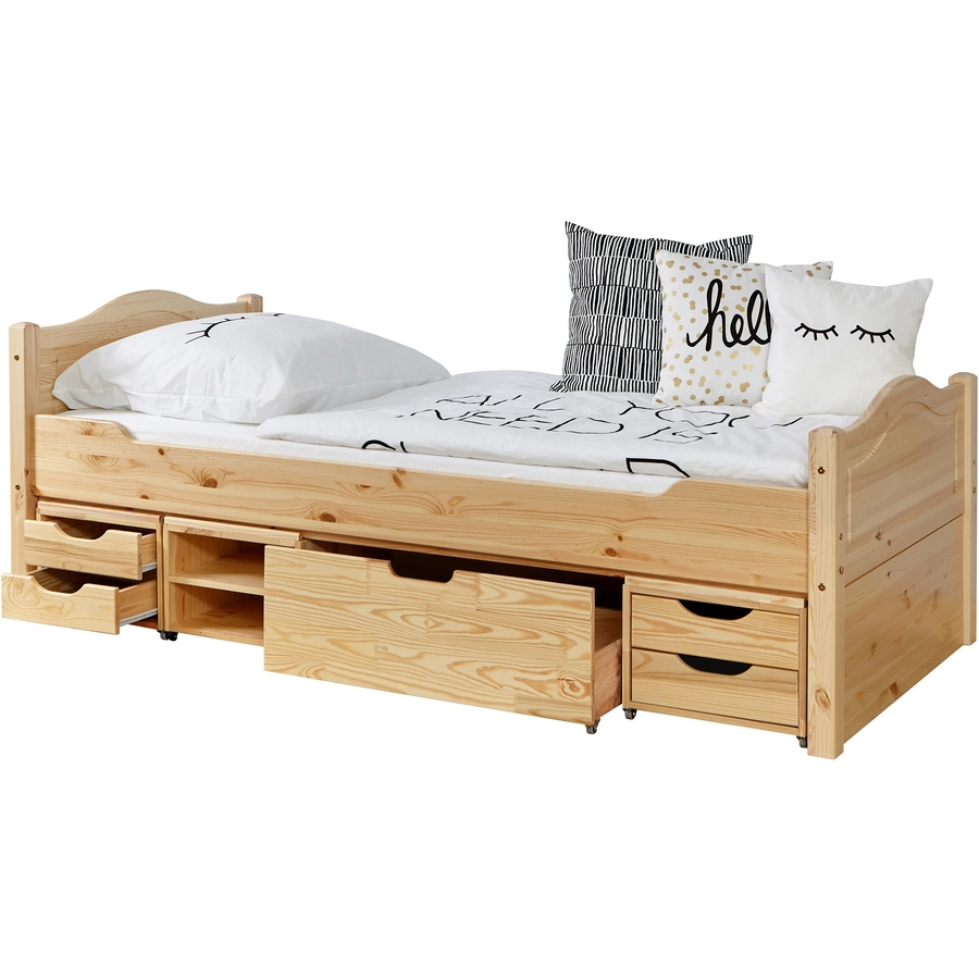 TiCAA Einzelbett Leni 90 x 200 cm Kiefer natur mit 4 Funktionsschubladen