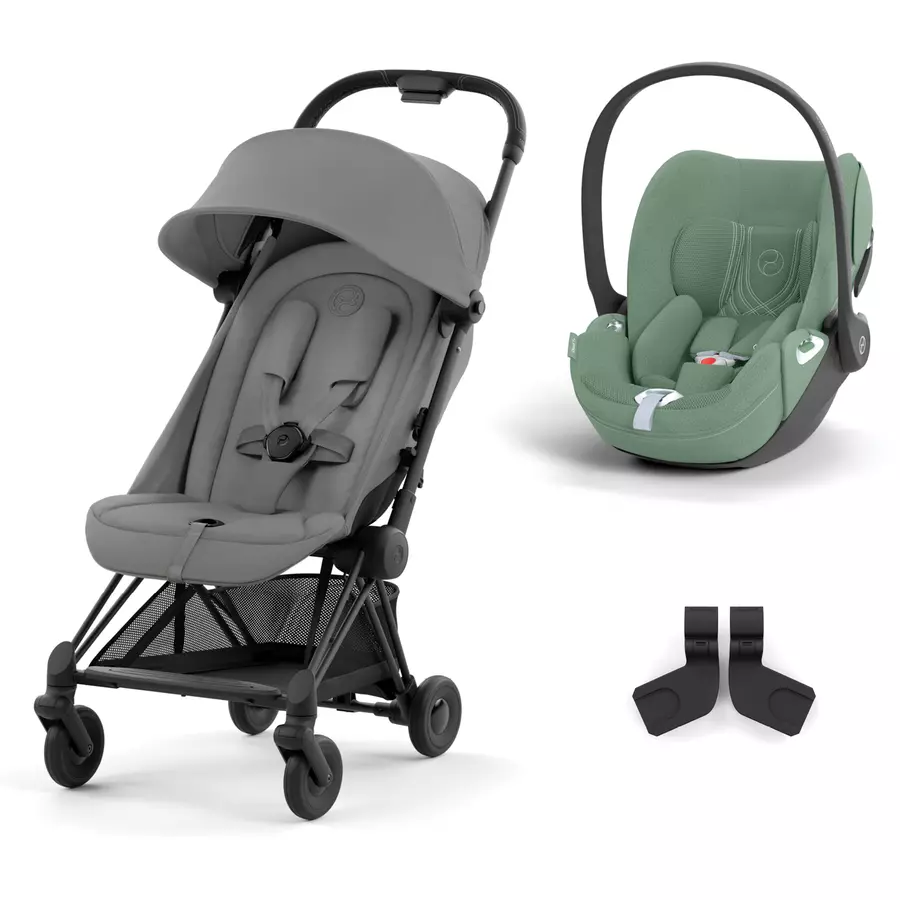 cybex PLATINUM Buggy Coya Matt Black Mirage Grey inklusive Babyschale Cloud T I-Size Plus Leaf Green  und Adapter