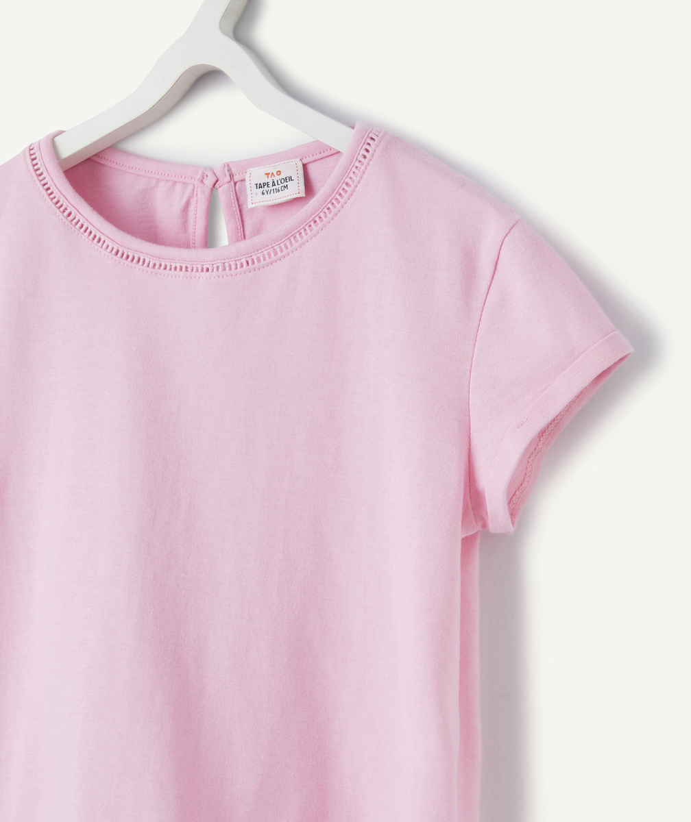 T-SHIRT MANCHES COURTES FILLE EN COTON BIO ROSE AJOURÉ
