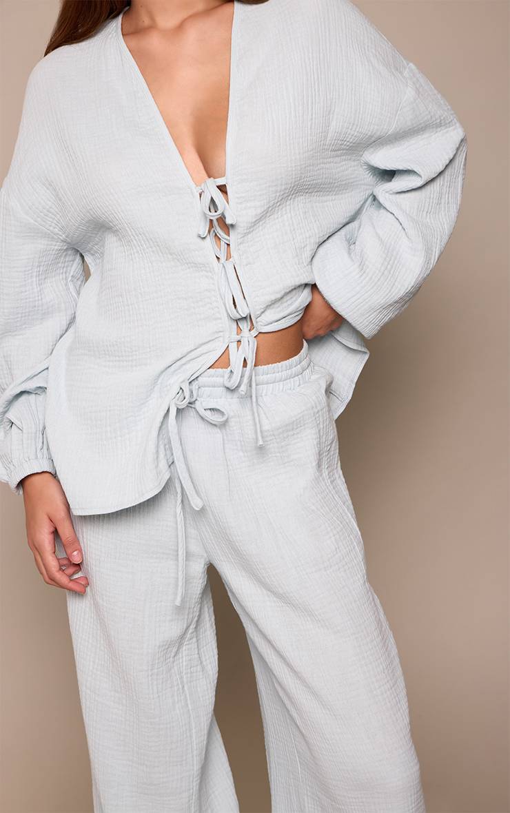 Bleu Ensemble Coordonné Pantalon Large En Coton Gaufré Texturé