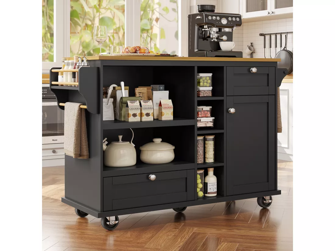 Ilot central de cuisine mobile avec une porte, 2 tiroirs et étagères de rangement ouverts - 129 x 46 x 92 cm - Bois MDF - Noir