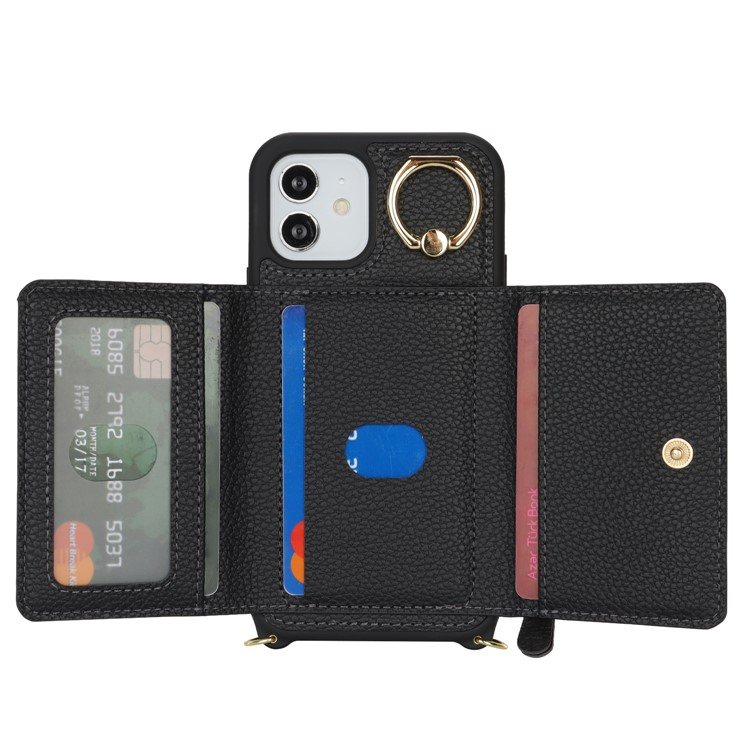 iPhone 12 / iPhone 12 Pro Necklace Leder Hülle mit Münzfach und Kartenfächer   Finger Griff Halterung   Handykette - Schwarz