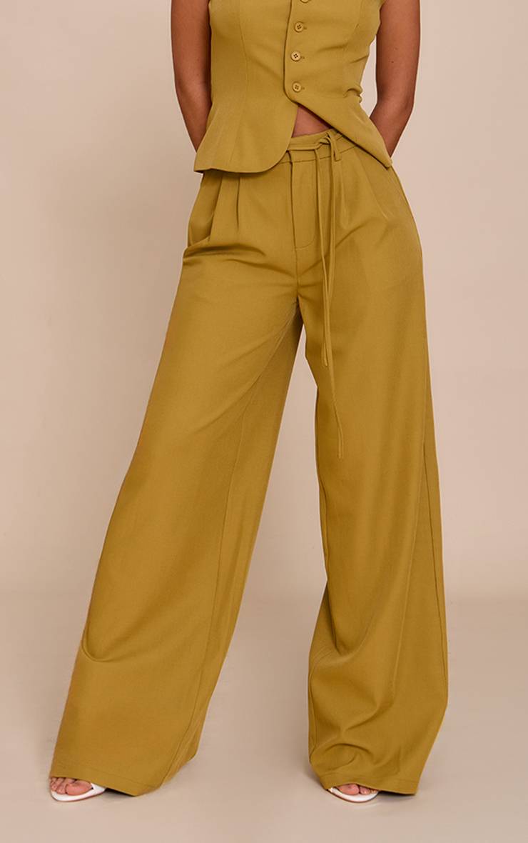 Moutarde Pantalon Large Tissé Ajusté Avec Détail Nœud À La Taille