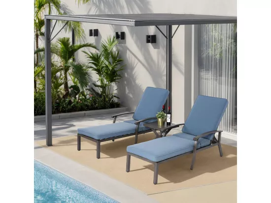 Chaise longue de patio 1 pièce en aluminium antirouille inclinable et réglable avec coussin bleu imperméable en coton meuble transat piscine extérieur