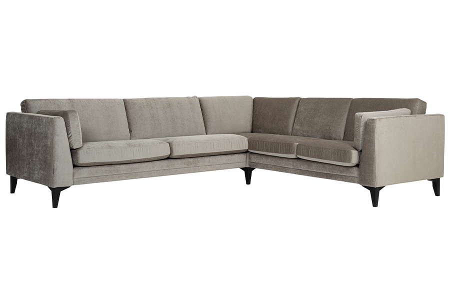 Avignon hjørnesofa 3- & 2-seter. I tekstil Eros Stone med sorte ben.