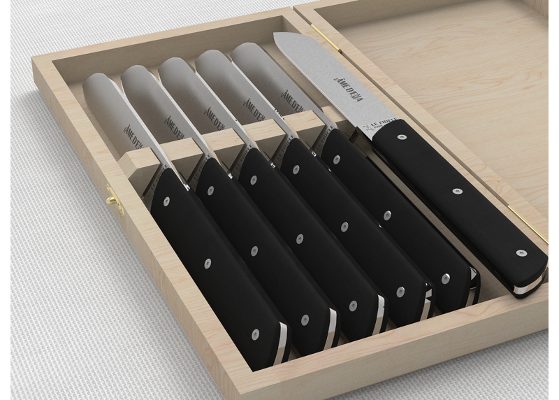 Service de 6 couteaux de table avec un manche en bois d'ébène et lame en acier inoxydable