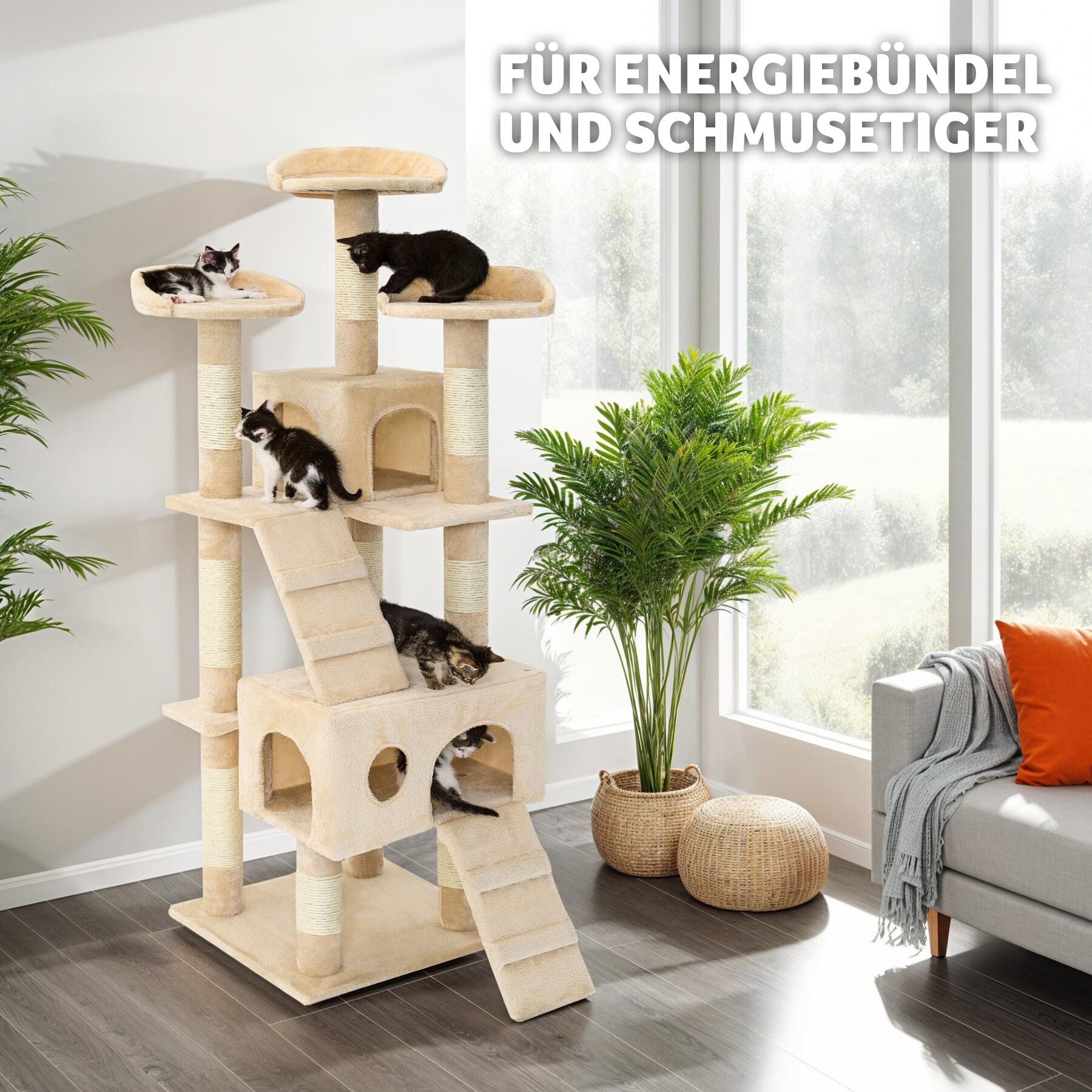 tectake® Kratzbaum, 170 cm, mit 2 Katzenhäusern, inklusive 2 Treppen und Kippschutz