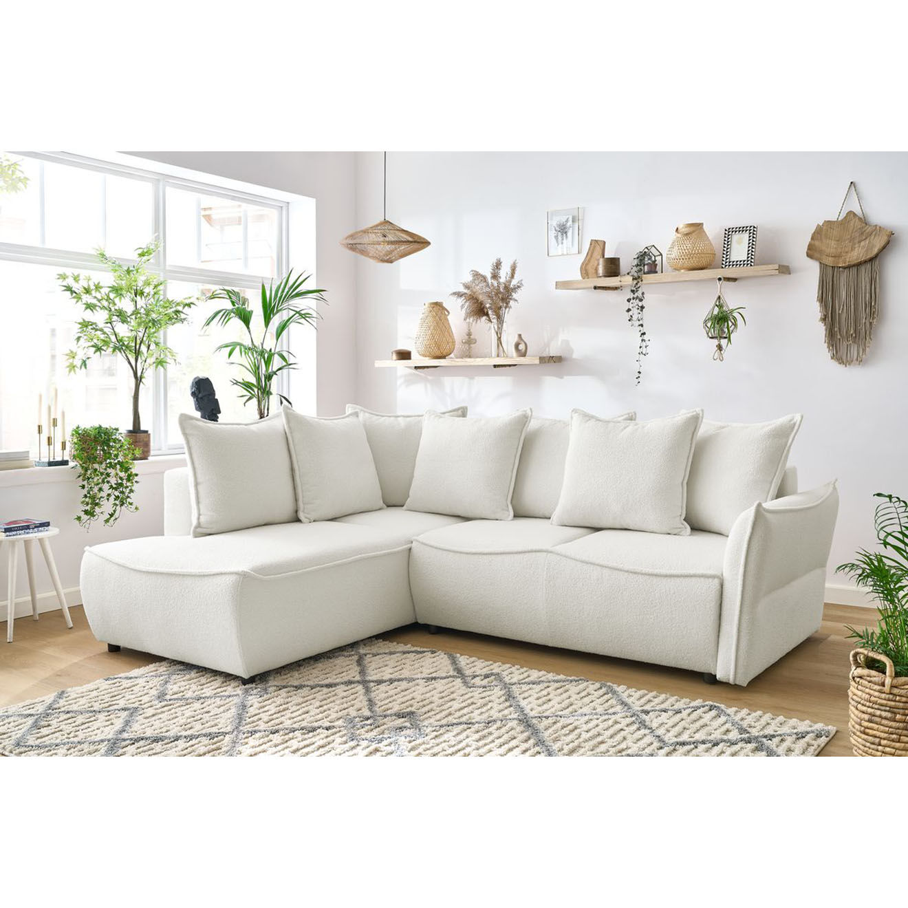Bobochic Canapé d'angle L gauche convertible bouclette Léon blanc - 257x90x194 cm