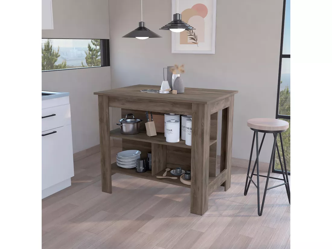 Ilot de cuisine Cala en mélaminé avec 3 étagères, marron, 90 cm X 103 cm X 70 cm