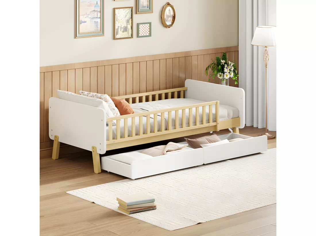 Lit enfant 90x190cm avec 2 tiroirs - lit simple en bois massif avec sommier à lattes - Blanc