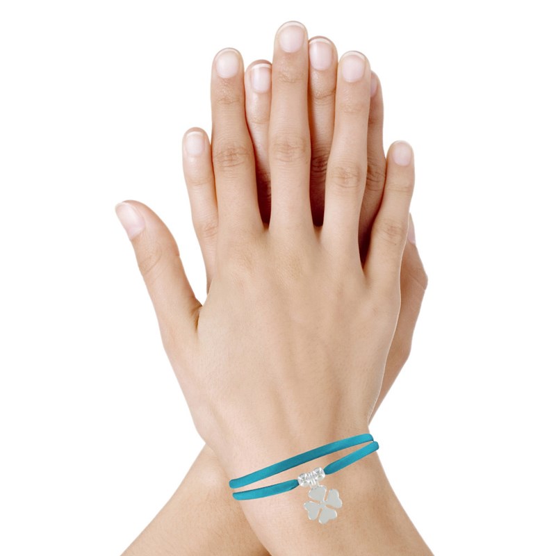 Bracelet Double Tour Lien Satin et Trèfle Argent - Turquoise