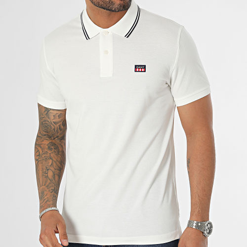Polo Manches Courtes Contrast Collar Pique Blanc