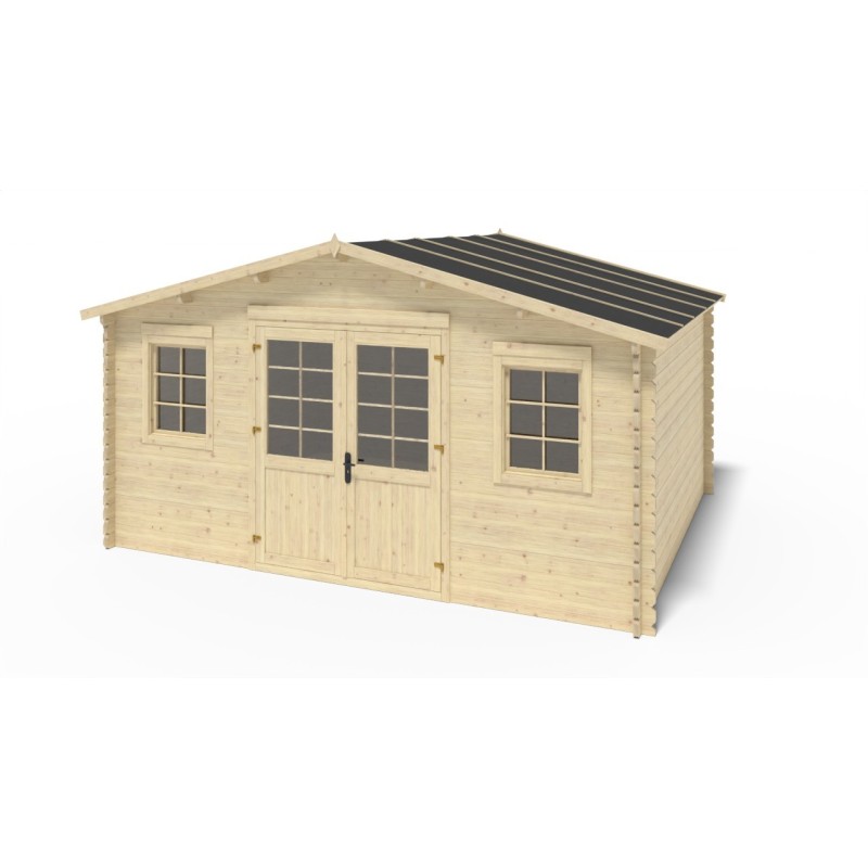 Abri de jardin en bois - 5x4 m - 35 m2 + terrasse avec balustrade et avant-toit en bois