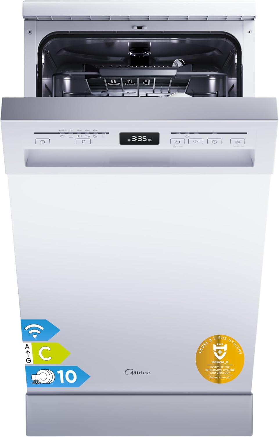 Midea SF 5.45NW10C Geschirrspüler 45cm Freistehend & Unterbaufähig, 10 Maßgedecke, 7 Programme, Spülmaschine 45 cm mit WIFI, 44 db, Startverzögerung, Automatische Türöffnung, 63 kWh/100 Zyklen, Weiß