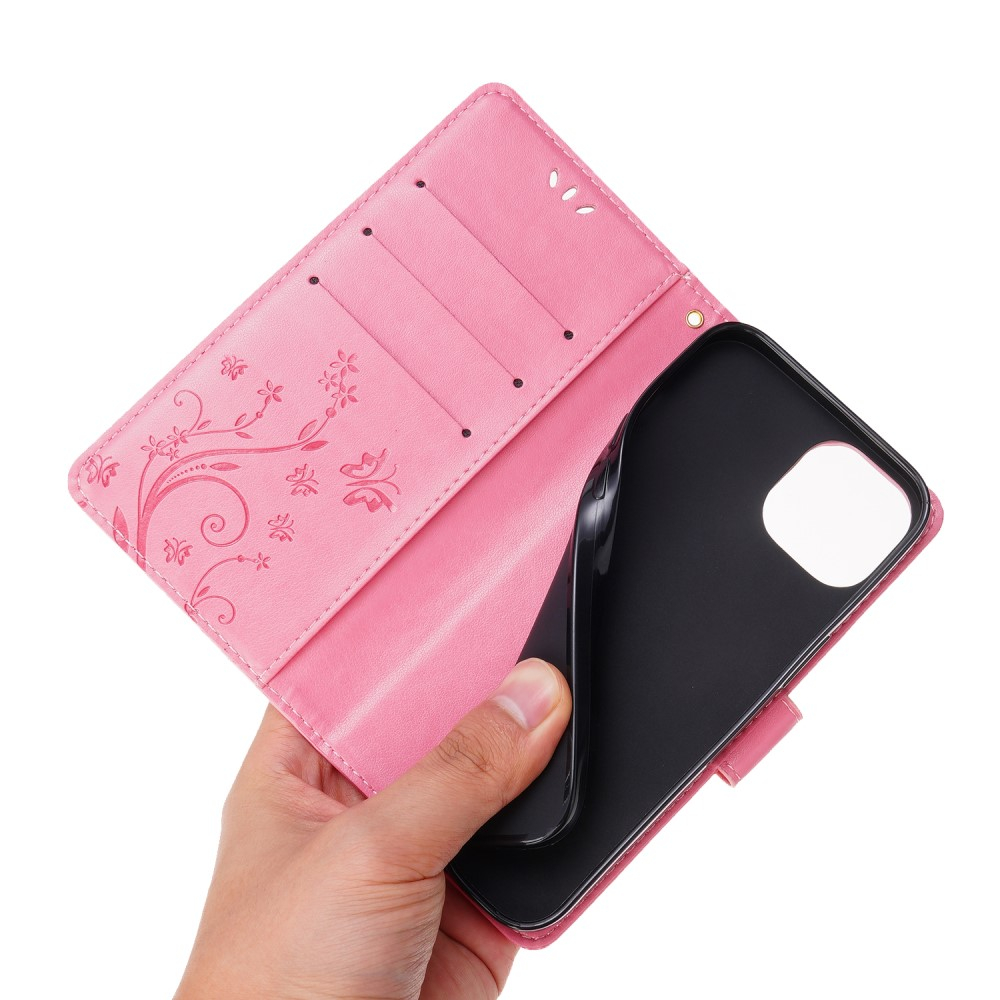 iPhone 13 Leder Tasche mit Kartenfach   Handschlaufe Butterfly Flowers - Pink