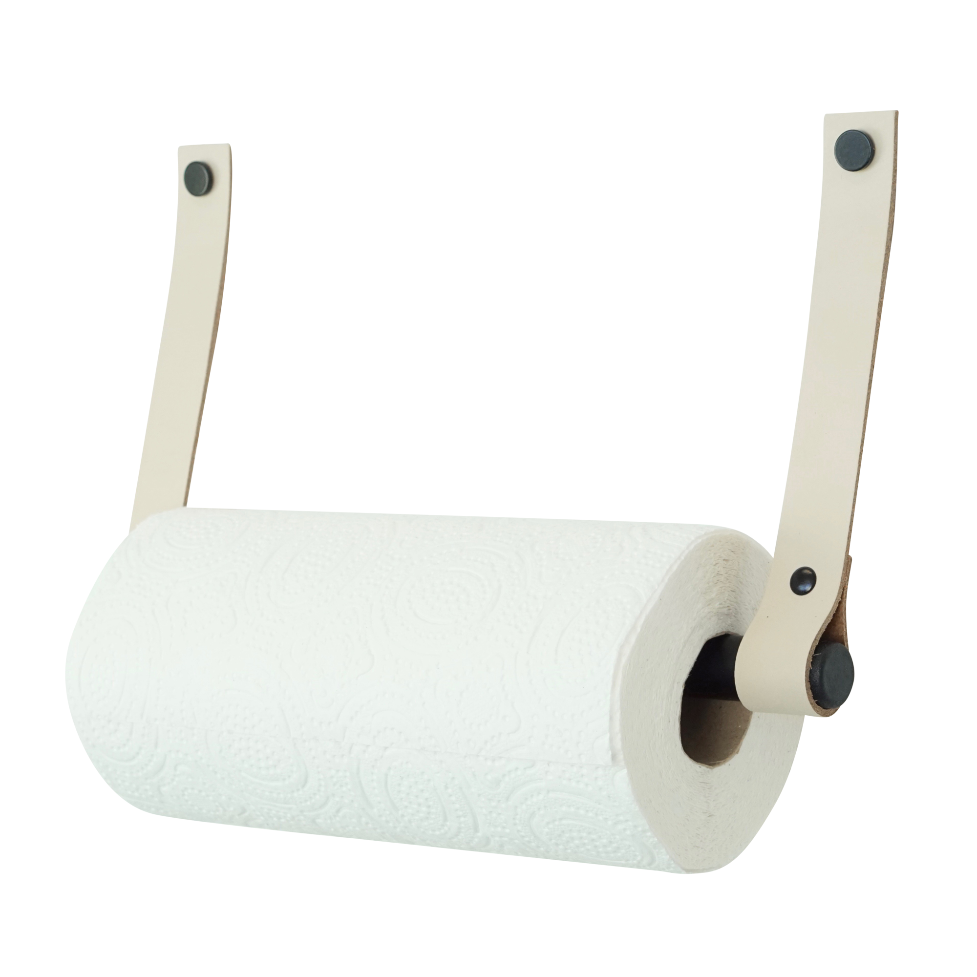 Leren keukenrolhouder (roldrager: zwart metaal) Creme