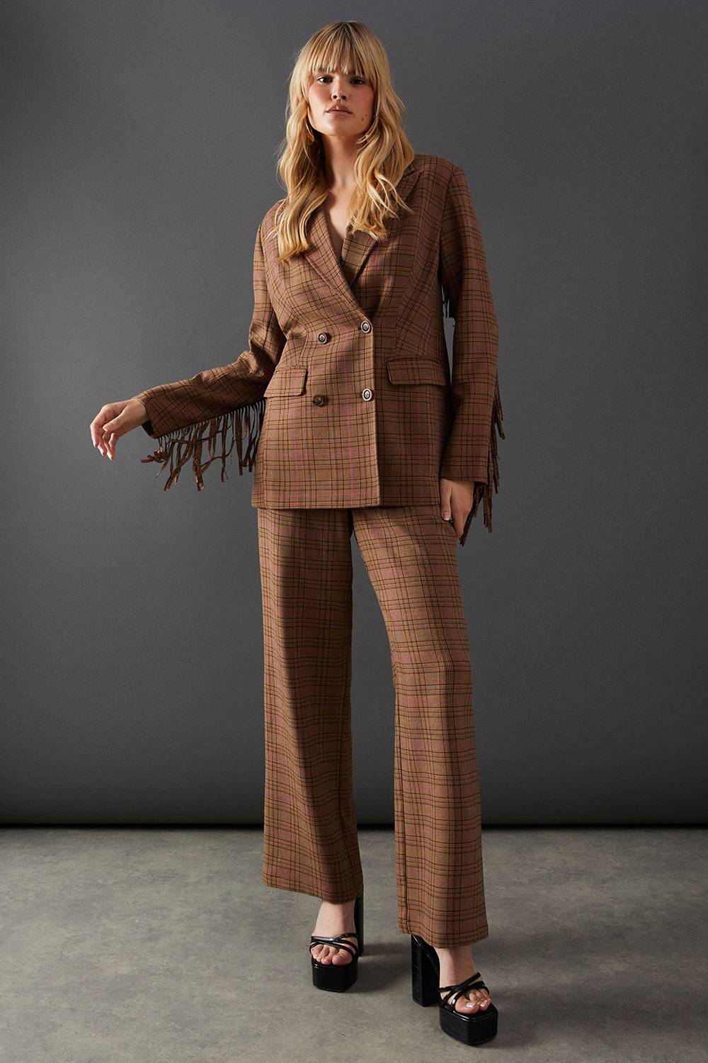 Warehouse Blazer Premium Surdimensionné à Carreaux Heritage avec Franges