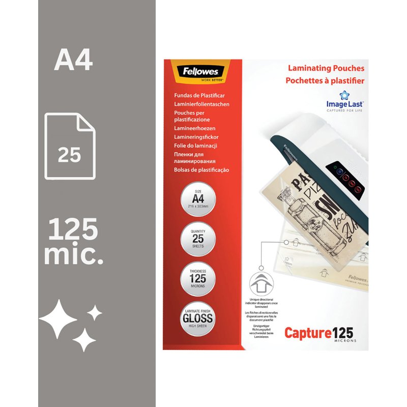 Pochettes de plastification Fellowes A4 2 x 125 µ brillantes - Boite de 25