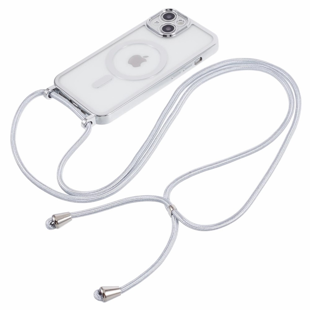 iPhone 15 MagSafe Necklace Gummi Case Hülle Galvanisierter Rahmen mit Handykette (160cm)   Kameraschutz - Silber / Transparent