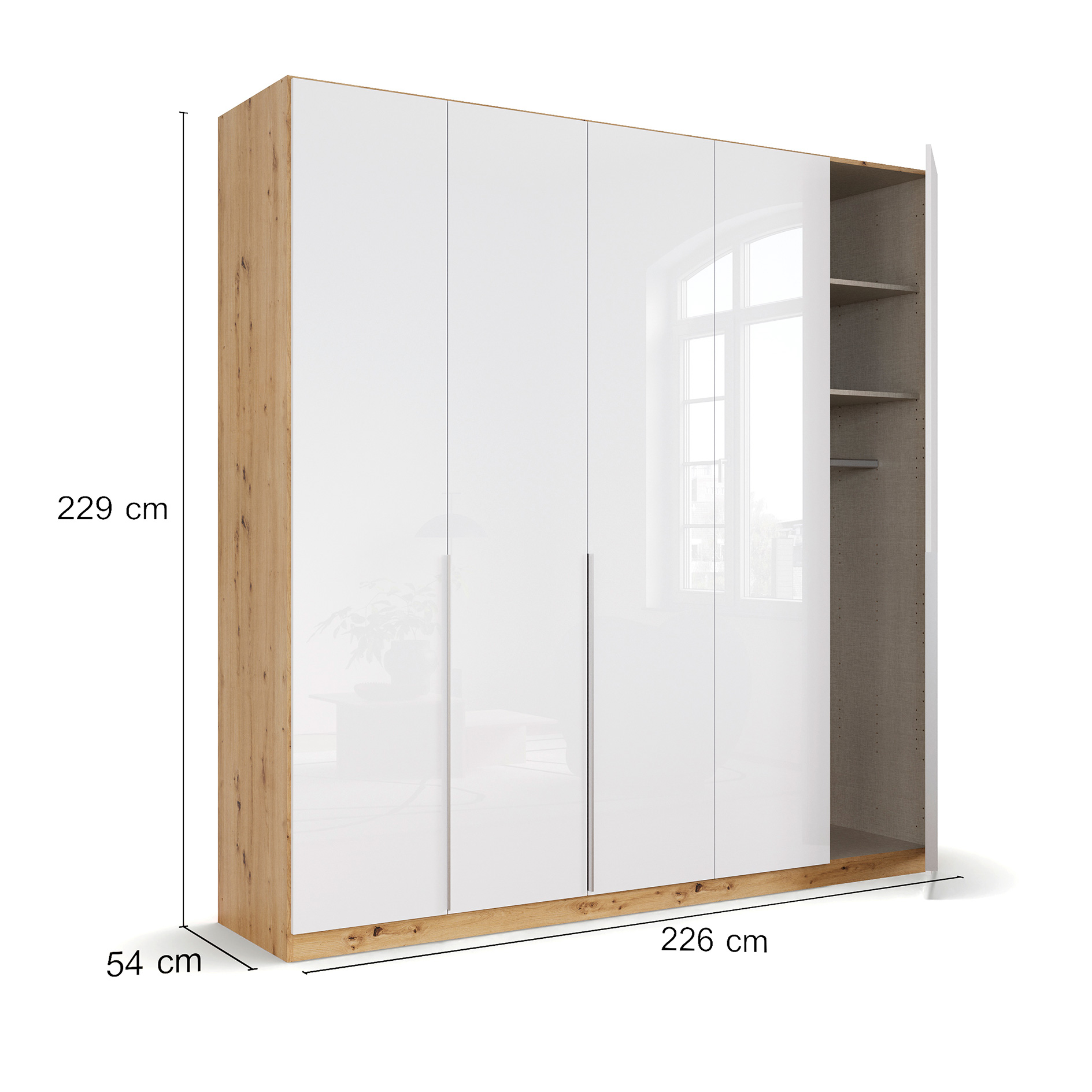 Drehtürenschrank - weiß Hochglanz-Artisan Eiche - 5-türig - 226x229 cm