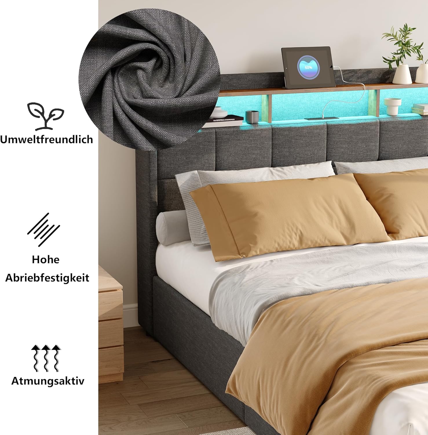Bett 180x200, Polsterbett Doppelbett mit LED und USB, 4 Schubladen, Kopfteil mit Stauraum, Boxspringbett Bettgestell mit Lattenrost, Modern Jugendbett Erwachsenenbett, Leinen, Grau, Ohne Matratze