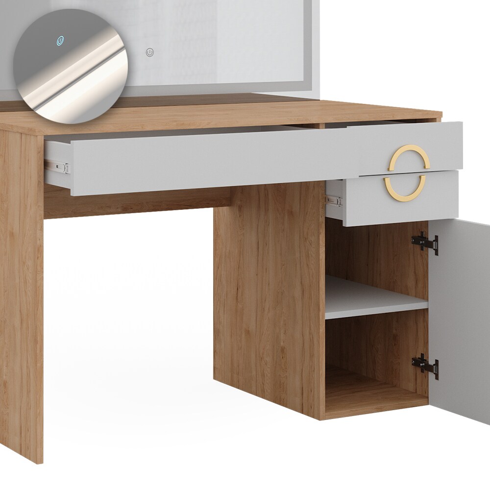 Vicco Schminktisch Adela Natural Rockford Hickory Weiß 115 x 76 cm LED-Spiegel