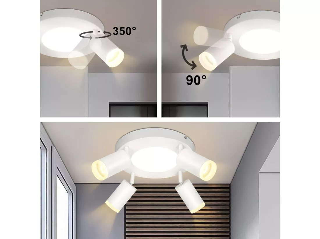 NETTLIFE Spot de plafond 4 ampoules rond 20W 3000K GU10 installation facile blanc chaud orientable 350° moderne
