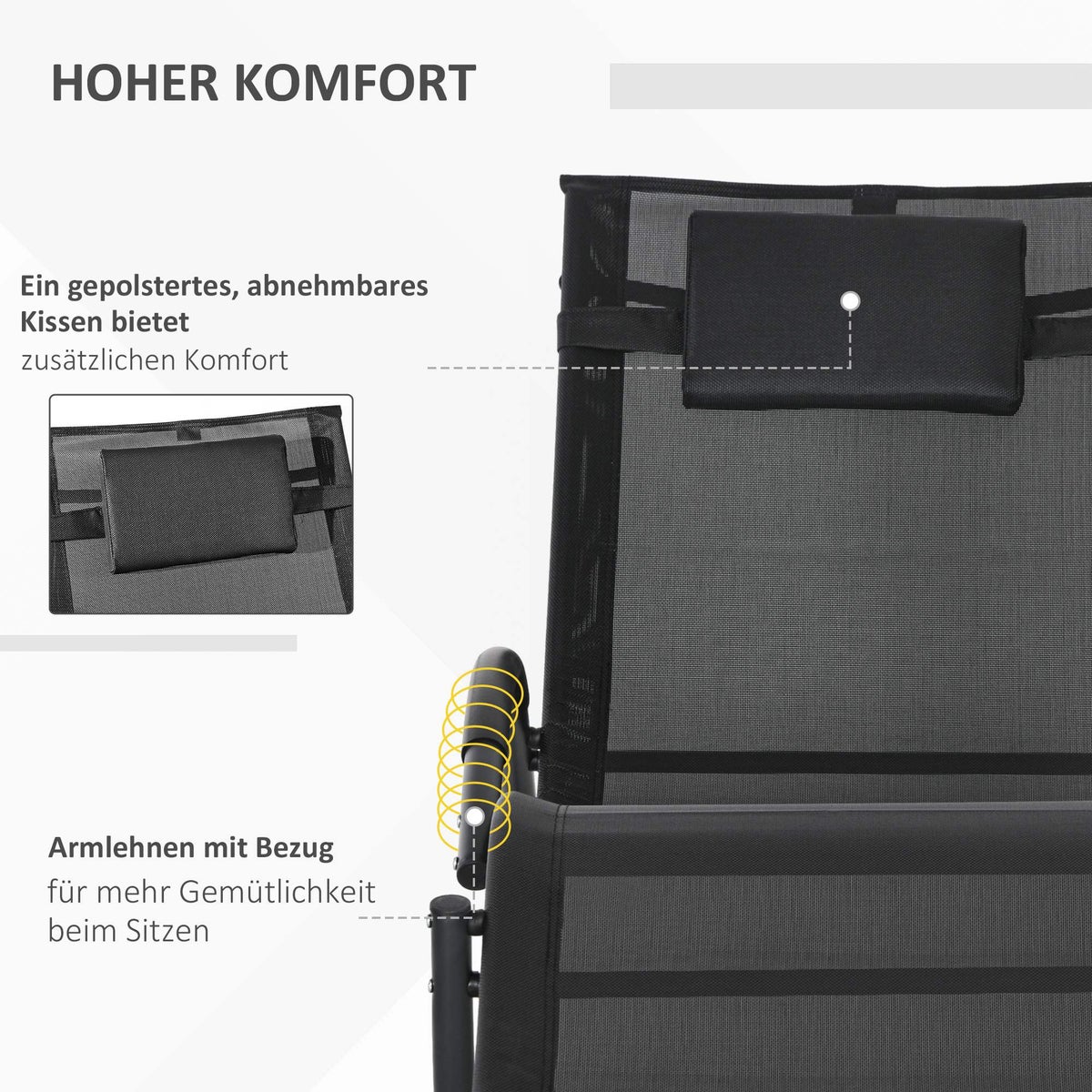 Outsunny schommelstoel, tuinligstoel met hoofdsteun, 155 x 61 x 88 cm, Texteline, Zwart