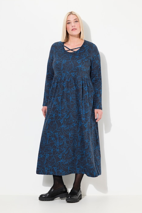Jersey-Midikleid, A-Linie, Zierbänder, Rundhals, Langarm