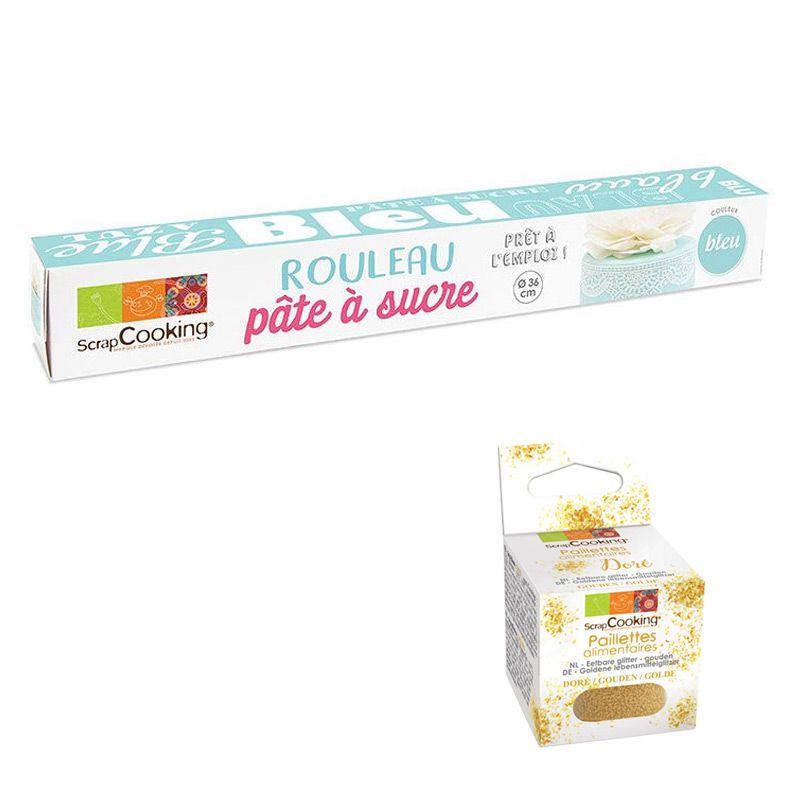 Pâte à sucre en rouleau Ø 36 cm bleue + paillettes dorées Scrapcooking